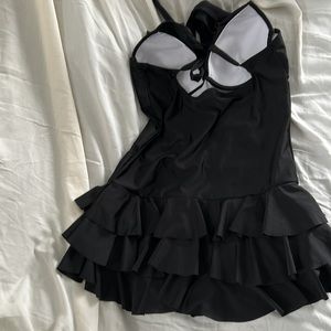 Swimsuit, one piece Halter, front mesh, black, tiered ruffled attached skirt,XL